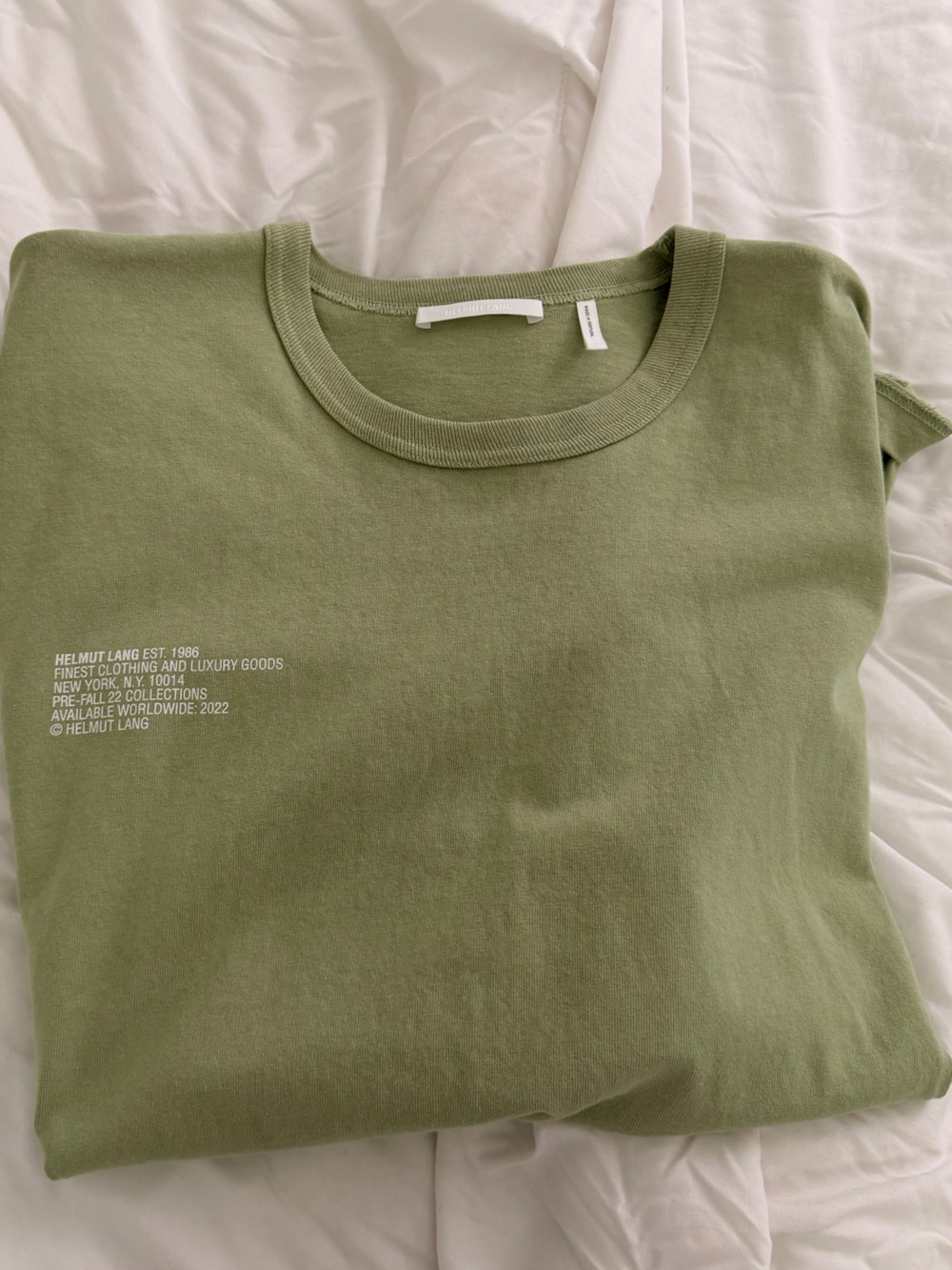 Mens Helmut Lang Olive Crewneck Tee with White Text